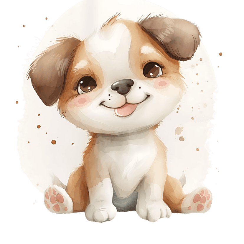 Seated puppy watercolor illustration with pink tongue and soft brown ears on a transparent background.