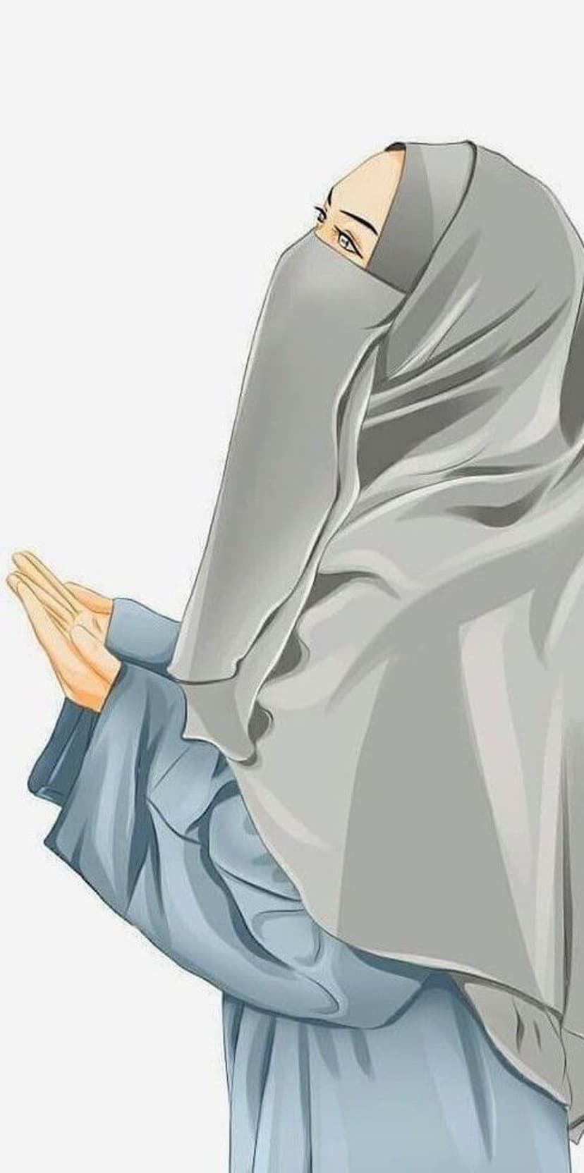 Muslim woman in a grey hijab and blue garment raises her open palms in a serene gesture of spiritual prayer.