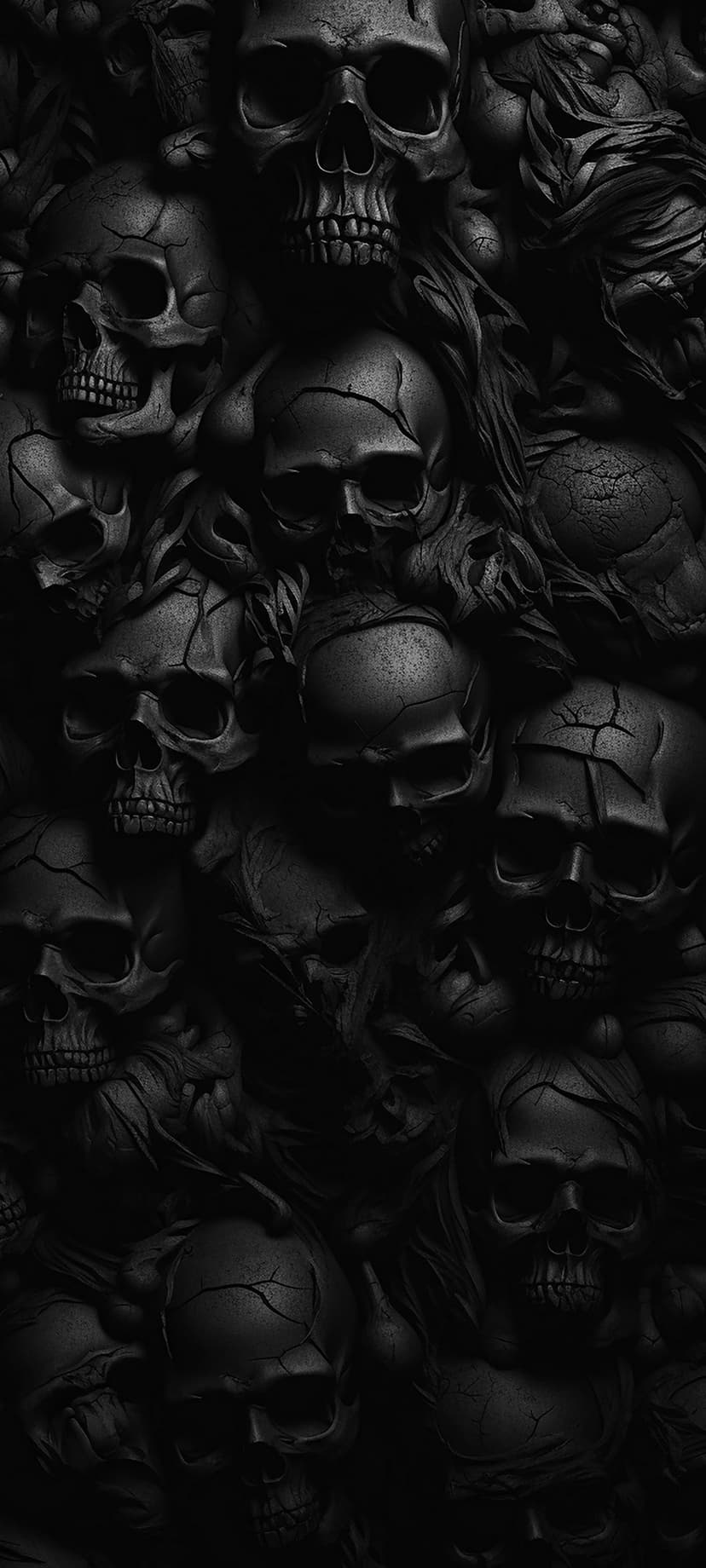 Dense pile of cracked human skulls with dramatic shadows and monochromatic bone textures in a vertical layout.