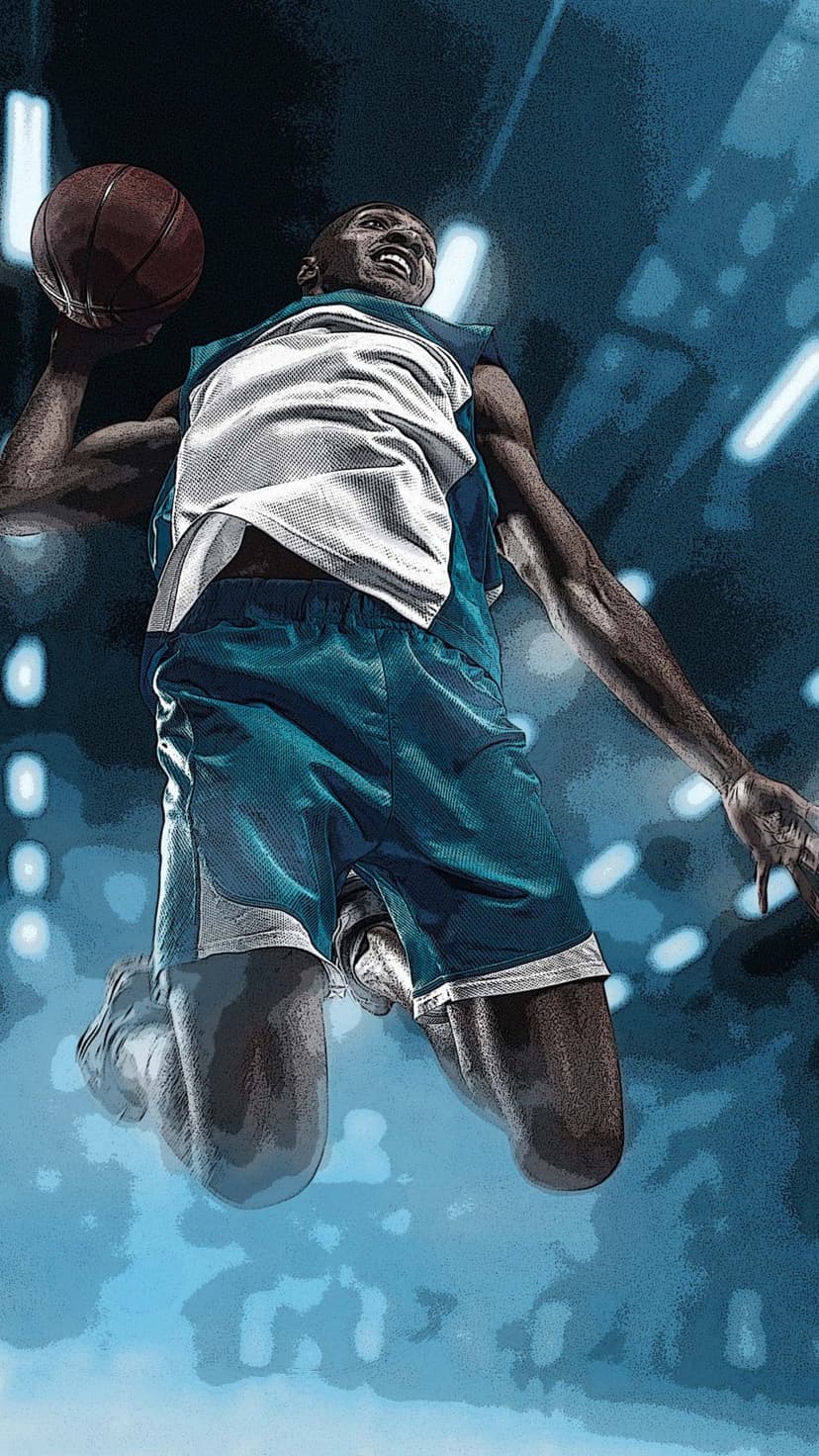 Basketball player in mid-air holding a ball against a blurred blue and white textured stadium background.