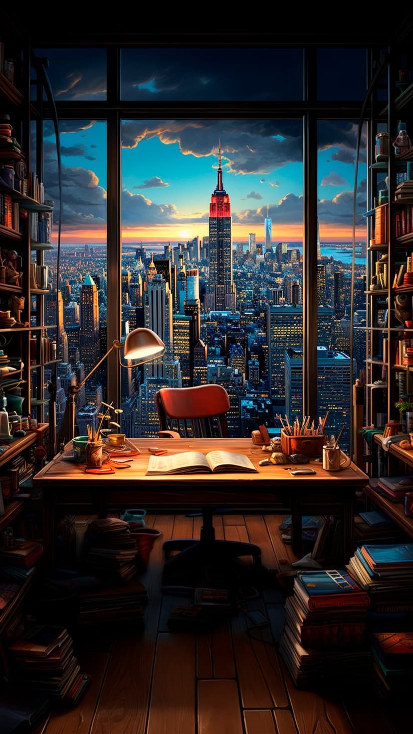 Wooden desk and library shelves positioned before a window overlooking the glowing Empire State Building at dusk.
