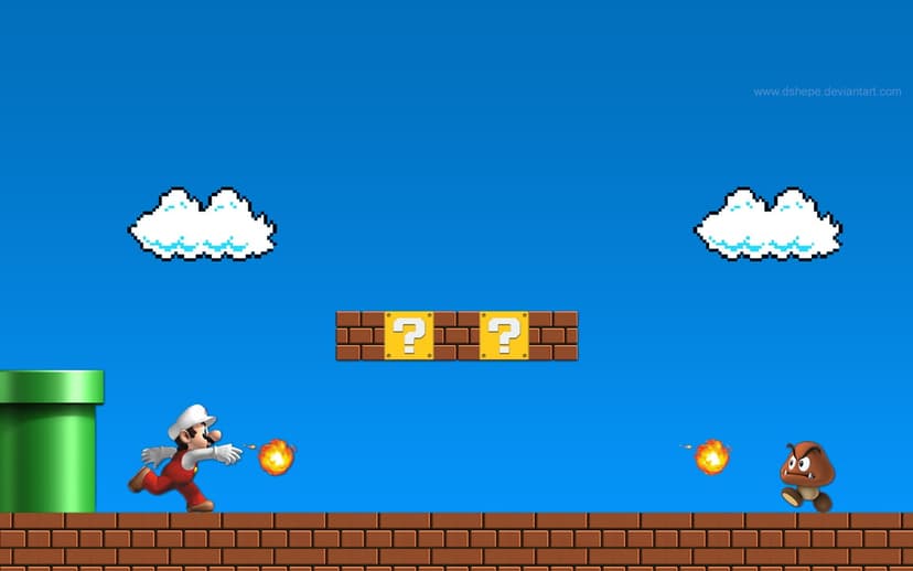 Fire Mario throws fireballs at a Goomba near a green pipe and pixelated question blocks over a bright blue sky.