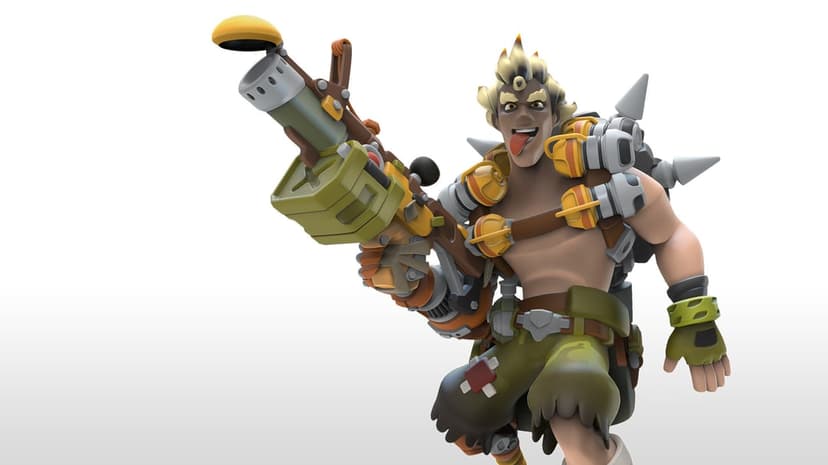 A 3D render of Junkrat sticking his tongue out while holding a large grenade launcher against a white background.