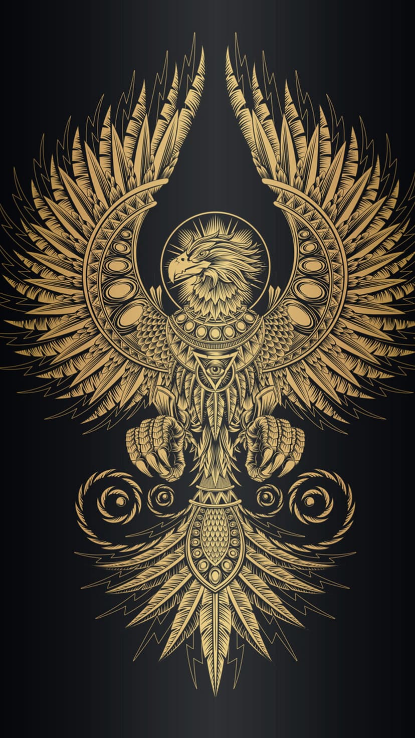 Golden eagle with spread wings and a central mystical eye in a triangle over a pitch black background.