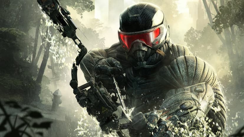 Armored soldier in a black nanosuit with red visor aiming a tactical bow in a misty urban forest environment.