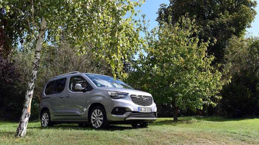 Silver Opel Combo Life van parked on a bright green lawn under sunny trees and a clear blue sky.