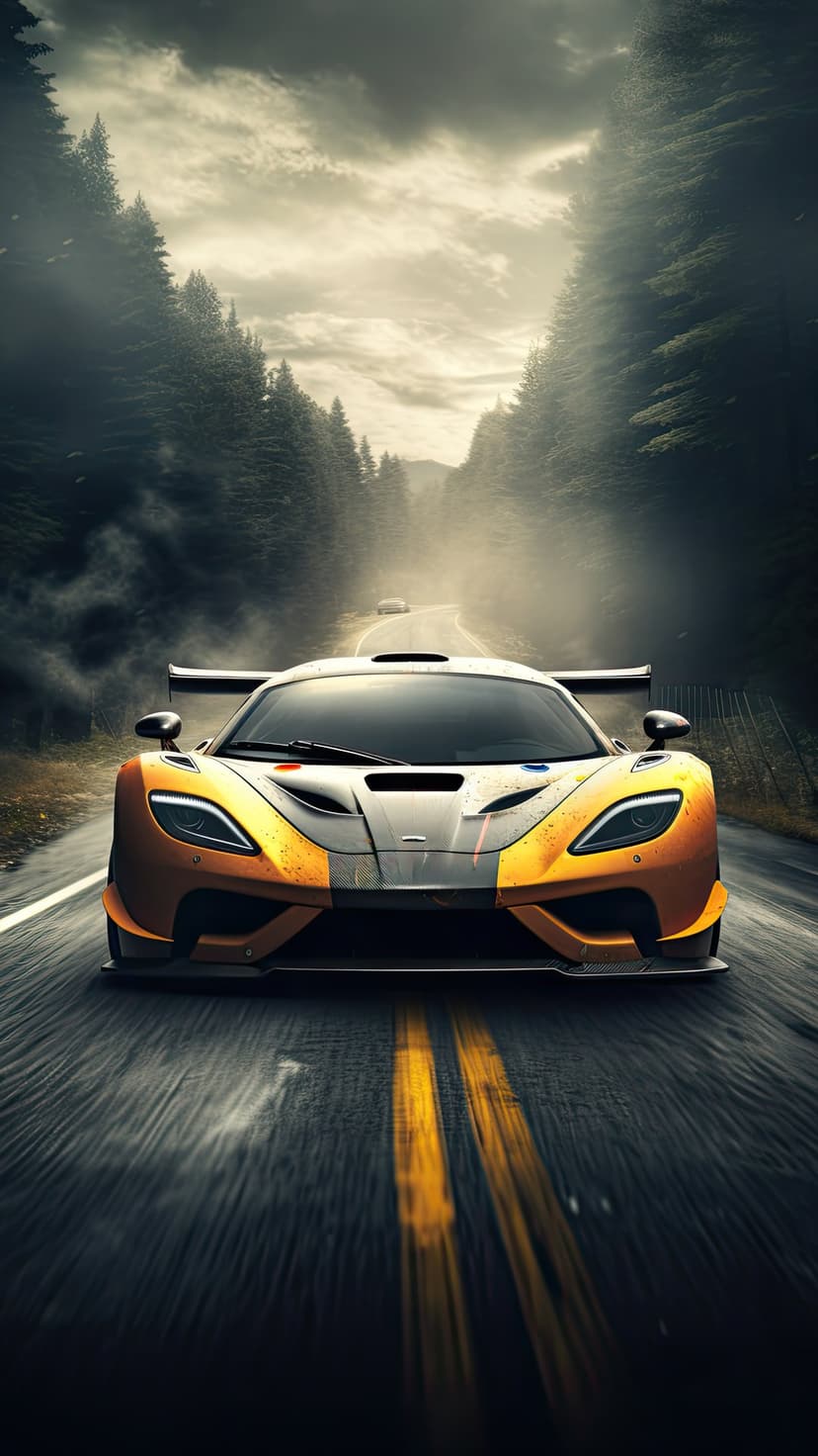 Orange sports car with an aggressive spoiler speeds down a wet asphalt road through a misty, dense forest.