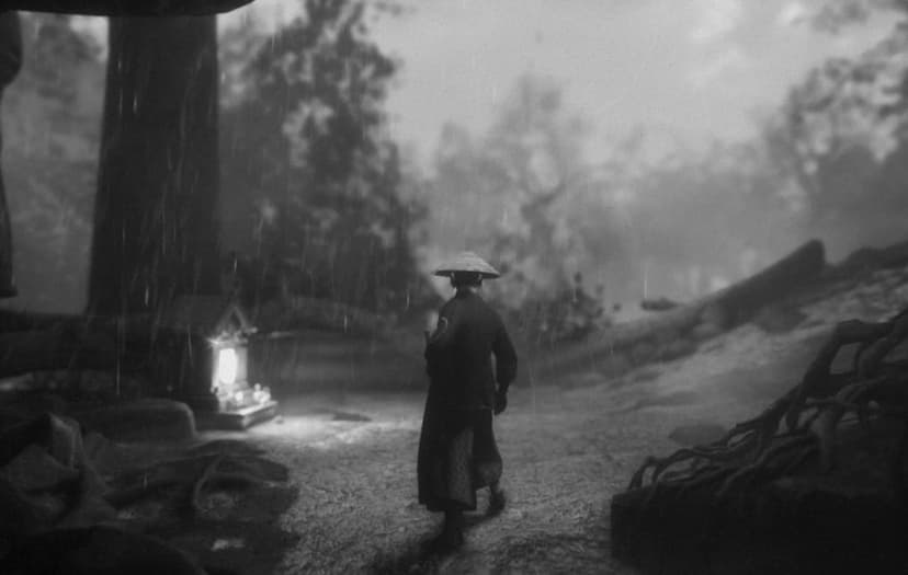 Lone samurai in conical hat walking through rain toward a glowing stone shrine in a dark misty forest.
