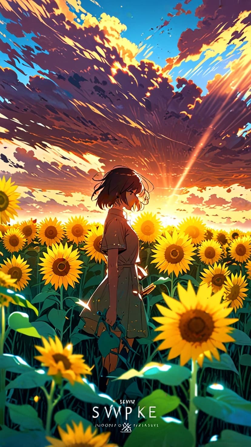 Girl in a contemplative pose amidst yellow sunflowers under a warm sunset sky with orange and purple clouds.