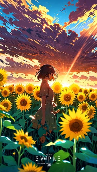 Aesthetic Anime Sunflower Field Sunset Phone Wallpaper