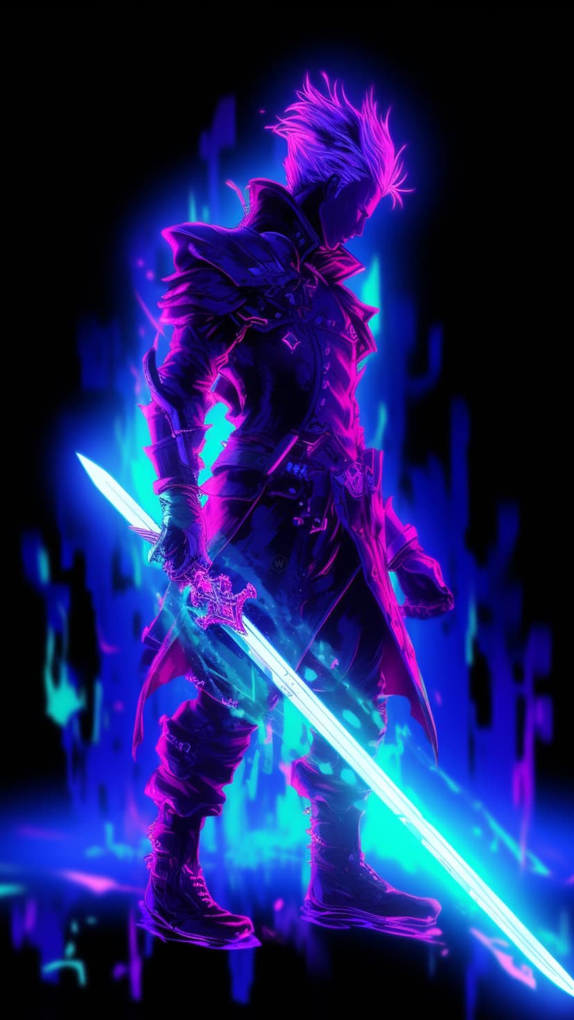 Spiky-haired warrior in dark armor holds a glowing pink and blue sword against an abstract neon background.
