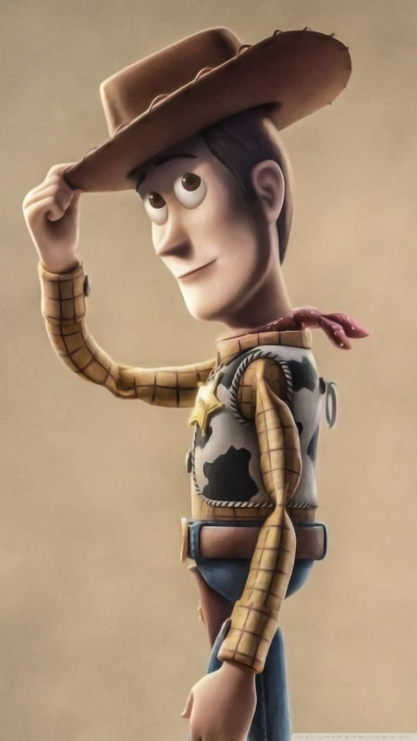 Woody from Toy Story tips his brown cowboy hat while smiling, wearing a cow-print vest and sheriff's star badge.