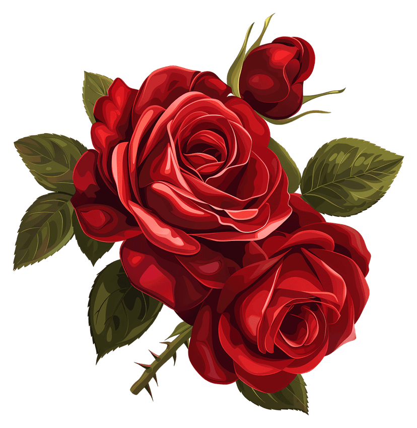 Red rose bouquet features vibrant crimson petals and green leaves against a transparent background in vector style.