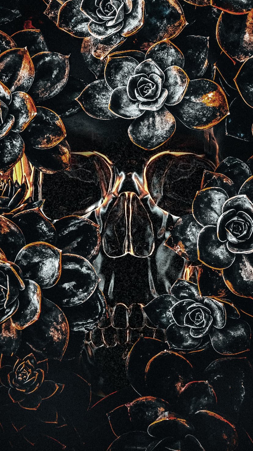 Human skull entwined with dark succulent plants and metallic leaves against a high-contrast black background.