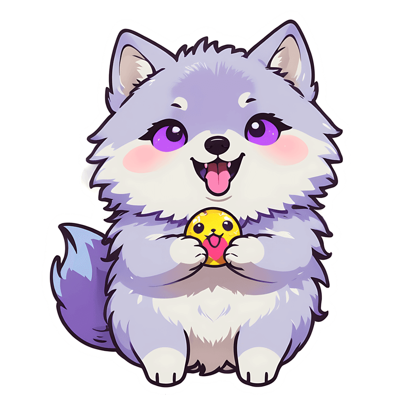 Lavender wolf cub sticker illustration holding a yellow creature with a heart against a white outline.