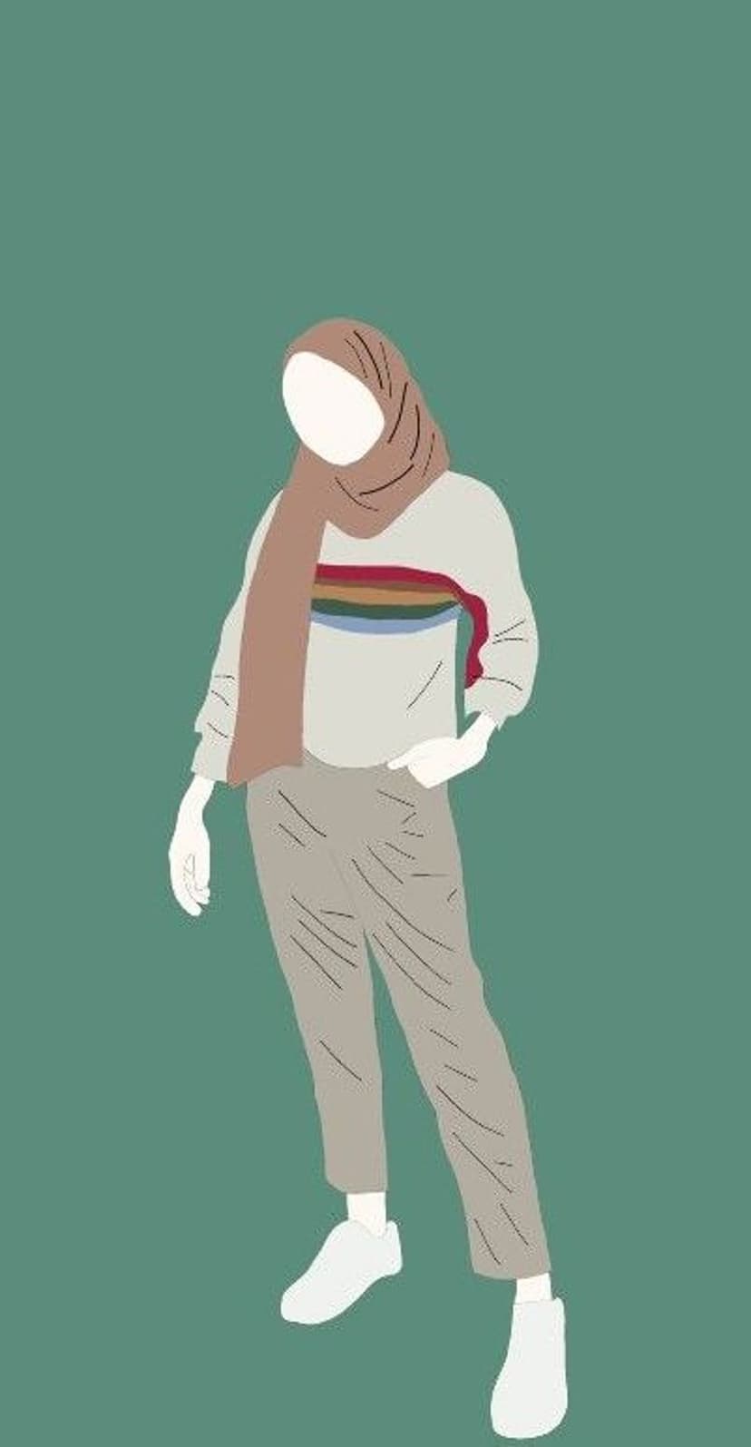 Woman wearing a brown hijab, beige sweatshirt with rainbow stripes, grey pants, and white sneakers on teal.