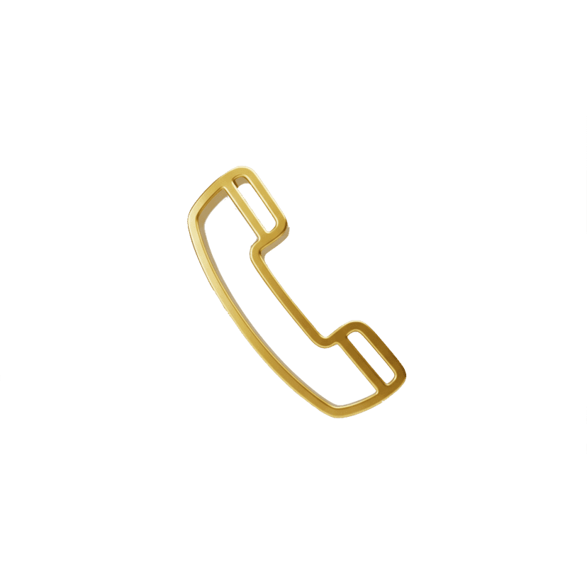 Phone icon png featuring a golden metallic outline of a telephone receiver over a transparent background.