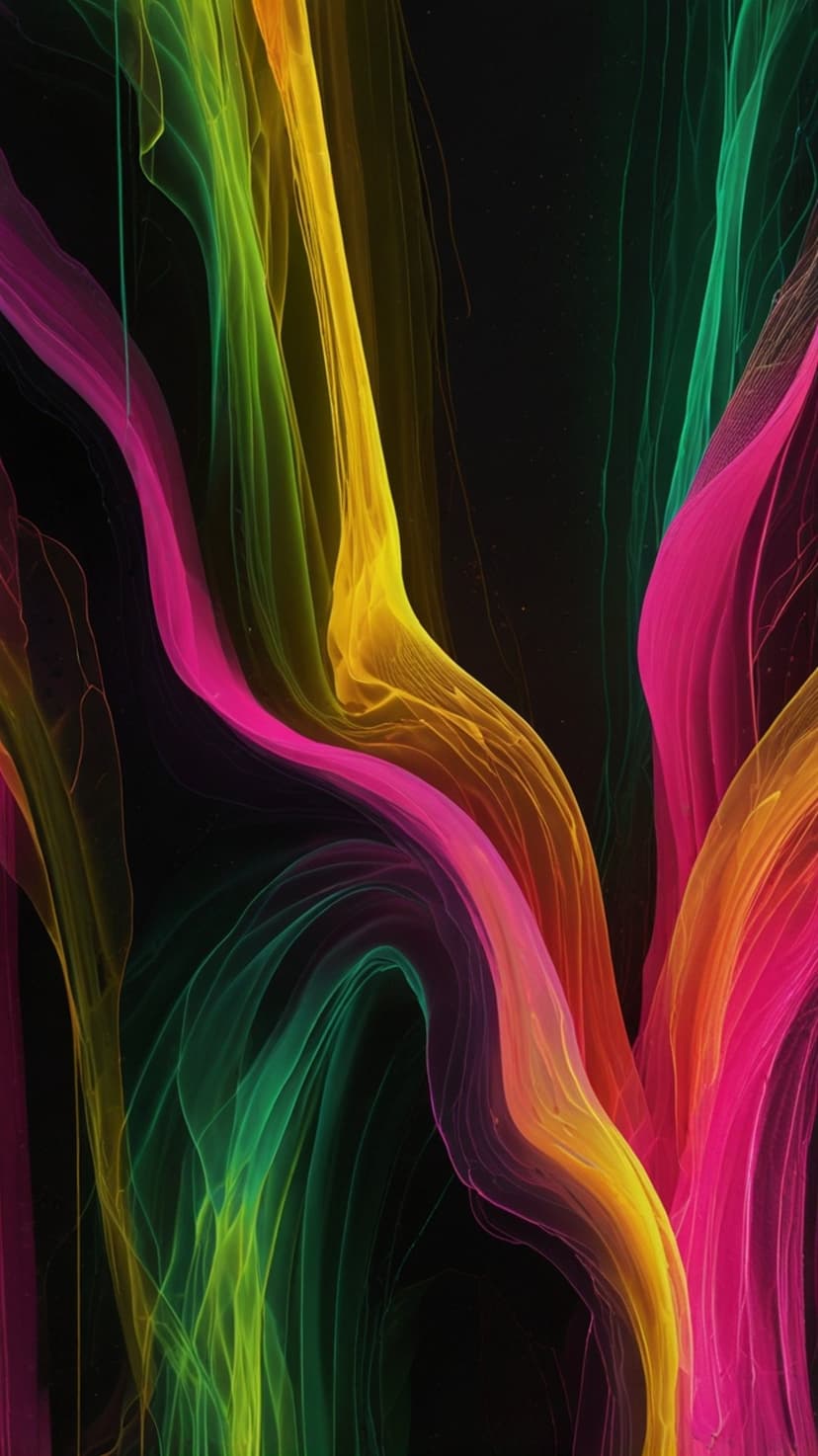 Translucent pink and green neon ribbons swirl across a dark backdrop with soft glowing edges and fluid paths.