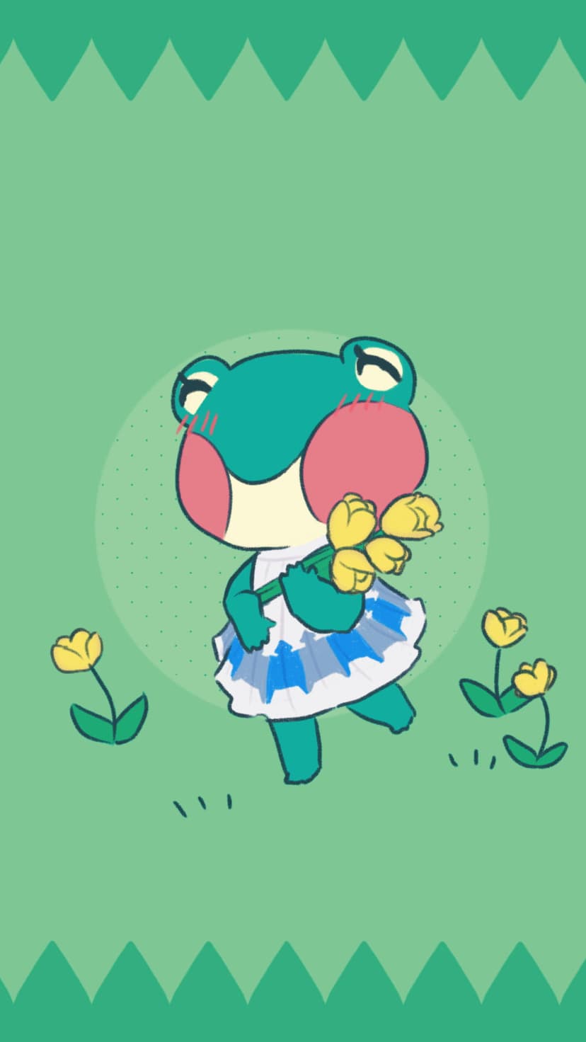 Green frog in a starry blue dress holds yellow flowers between stylized grass borders on a mint background.
