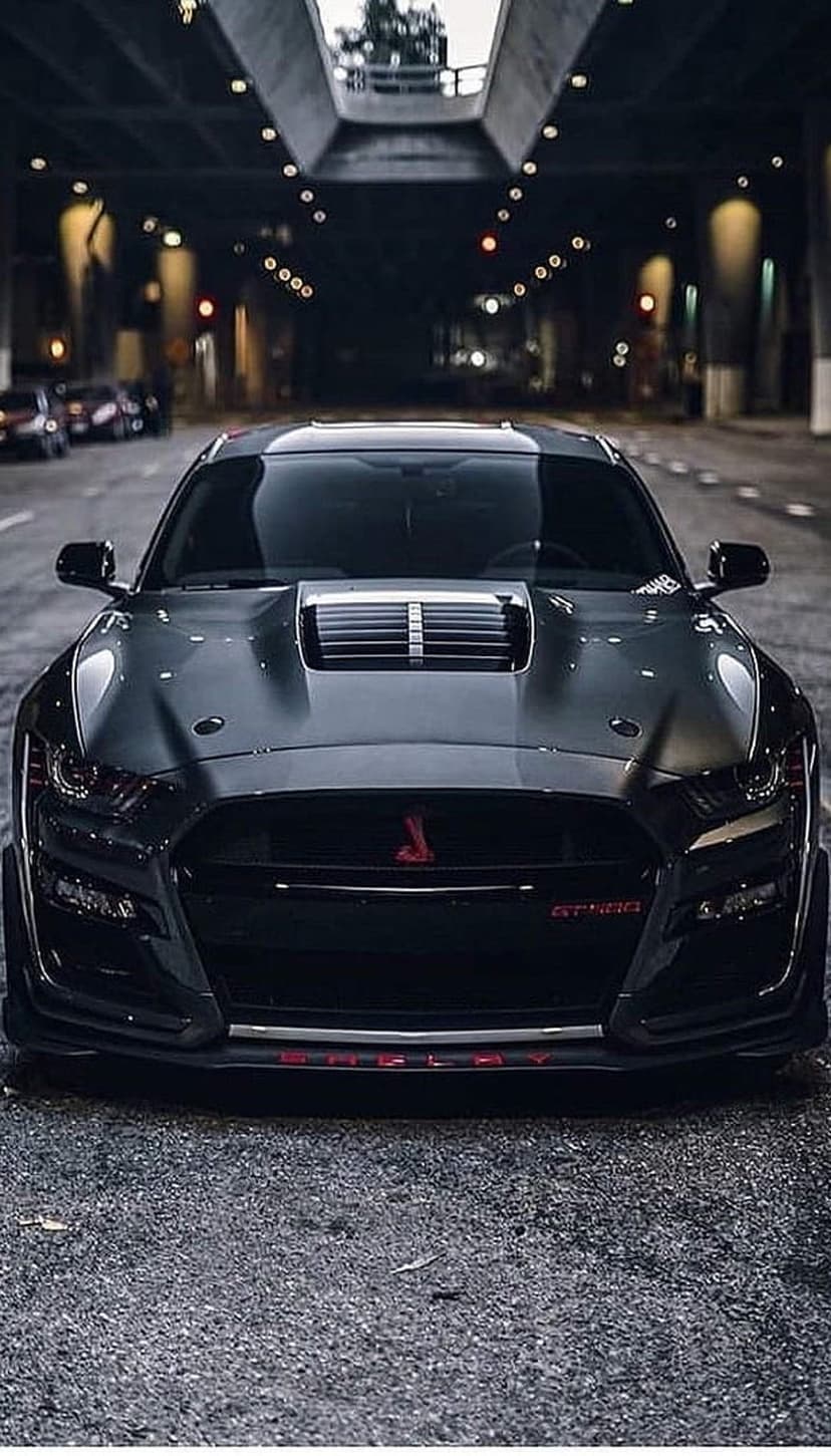 Dark grey Ford Mustang Shelby GT500 under a concrete bridge with industrial lighting and aggressive front grille.