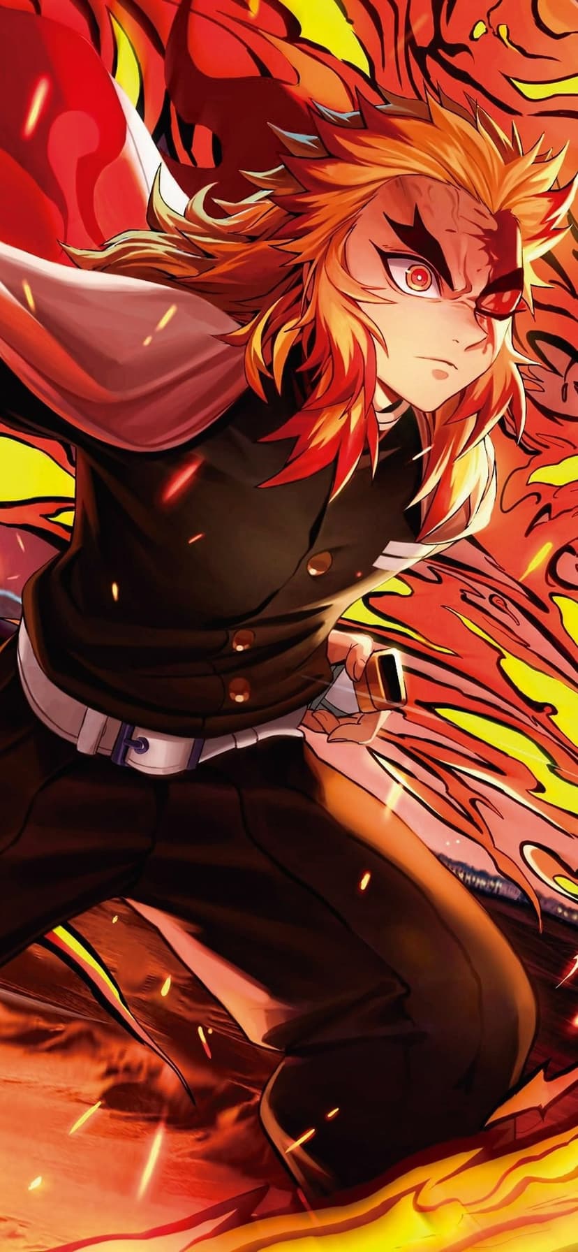 Kyojuro Rengoku displays an intense gaze amidst swirling orange and yellow flames in his red and white cape.