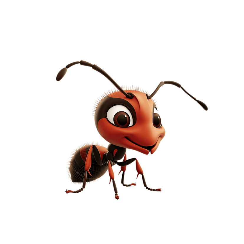Red ant character with large expressive eyes and thin black antennae standing against a solid dark background.