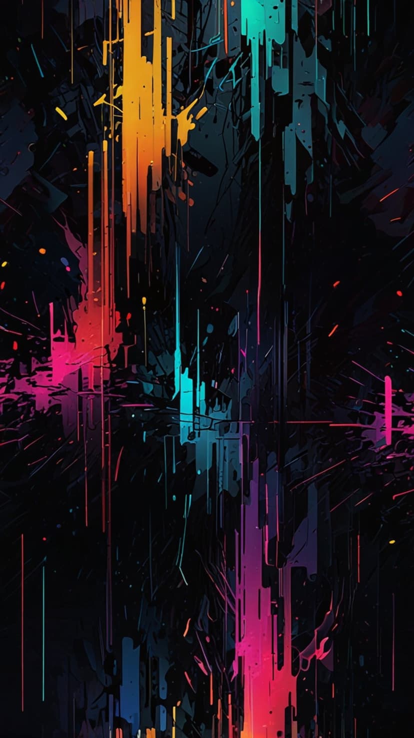 Vertical neon orange and pink paint splatters drip against a dark textured background with high-contrast lighting.