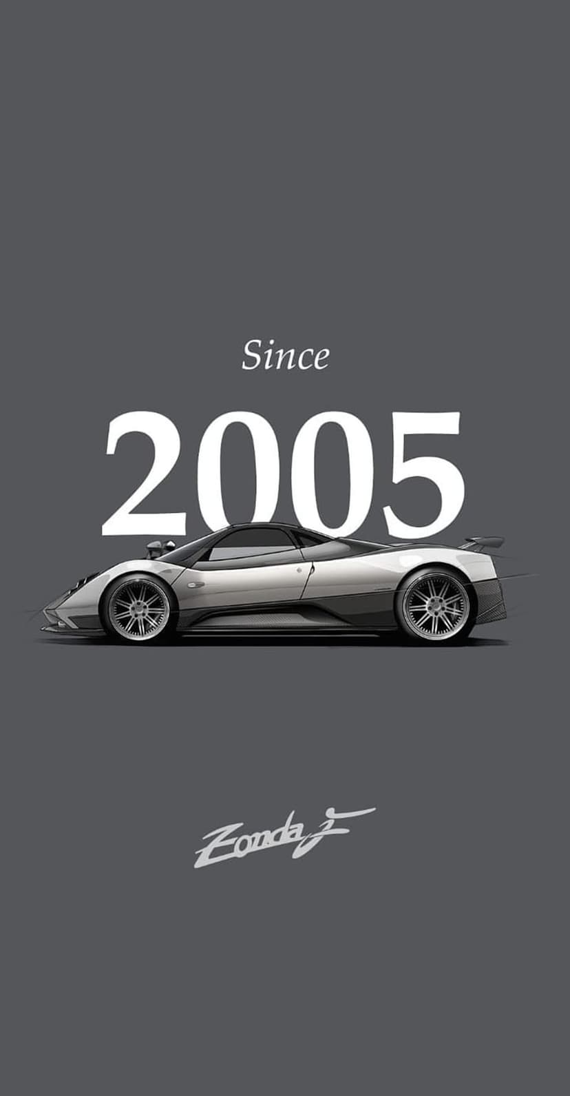 Pagani Zonda F supercar in profile view centered on a dark grey background with Since 2005 text above it.
