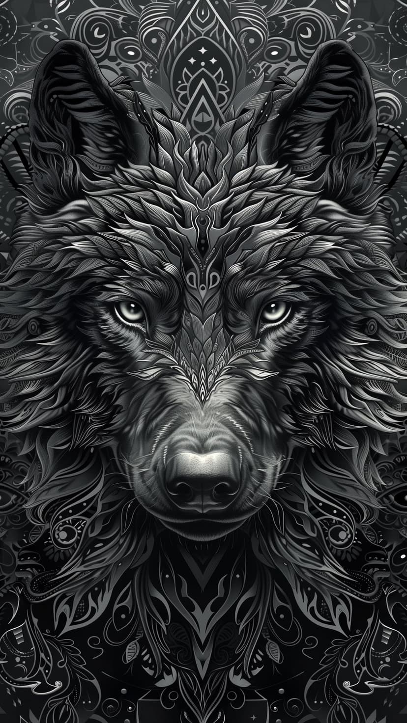 Wolf face with intense eyes surrounded by intricate black and white tribal patterns and geometric ink swirls.