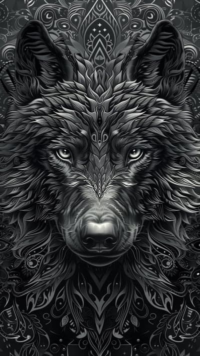 Ornate Wolf Face Black and White Smartphone Background