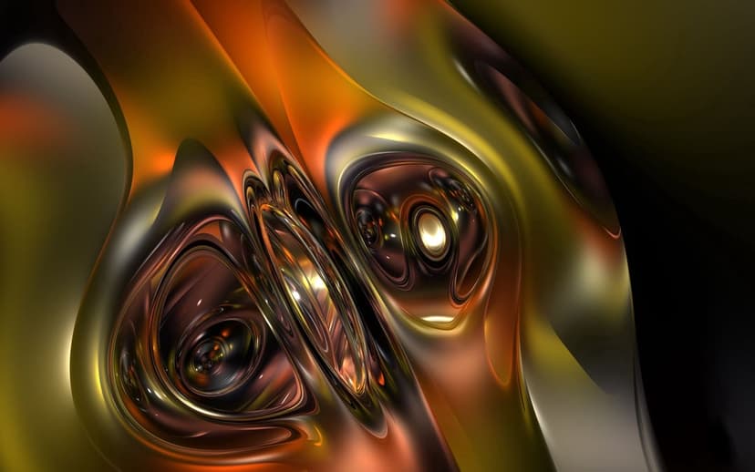 Swirling ribbons of liquid chrome and molten gold interlock with reflective surfaces and deep amber highlights.