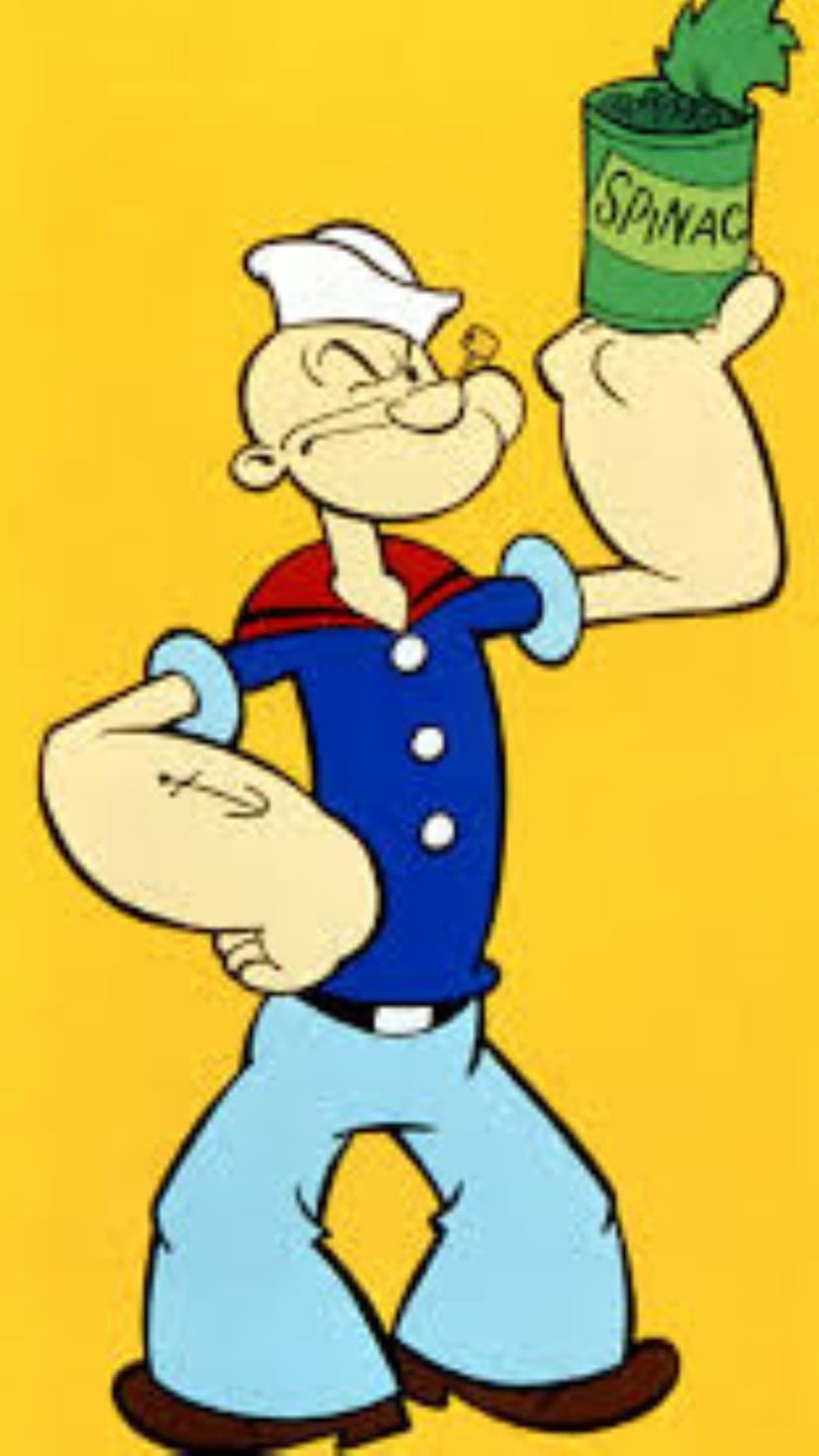 Popeye the Sailor Man holding a can of spinach with an anchor tattoo on his arm over a yellow background.