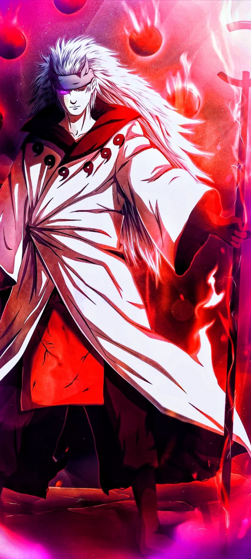 Madara Uchiha with flowing white hair and Rinnegan eyes wears a white robe with black tomoe symbols in Sage Mode.