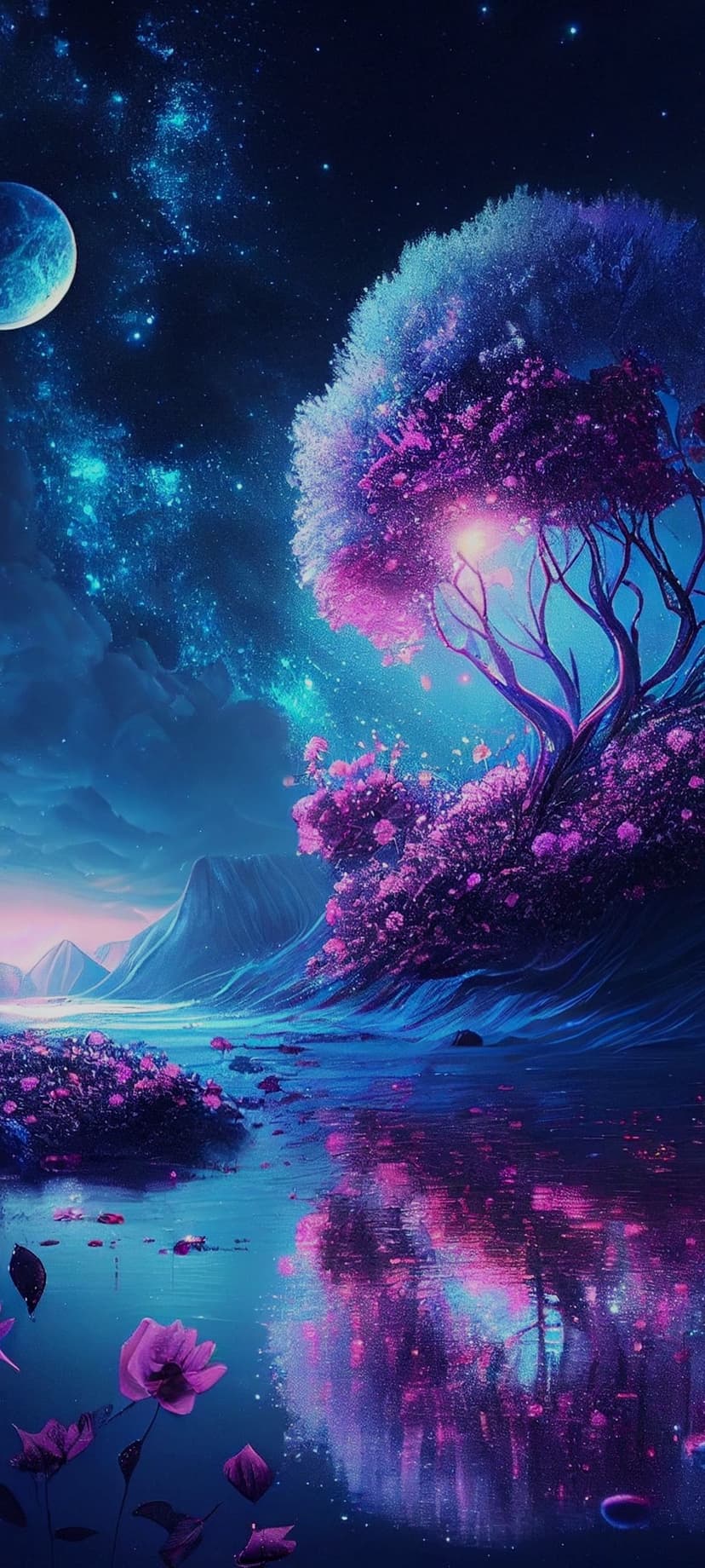 Glowing purple tree stands by reflective water beneath a giant moon and pink nebula in a dark starry night sky.