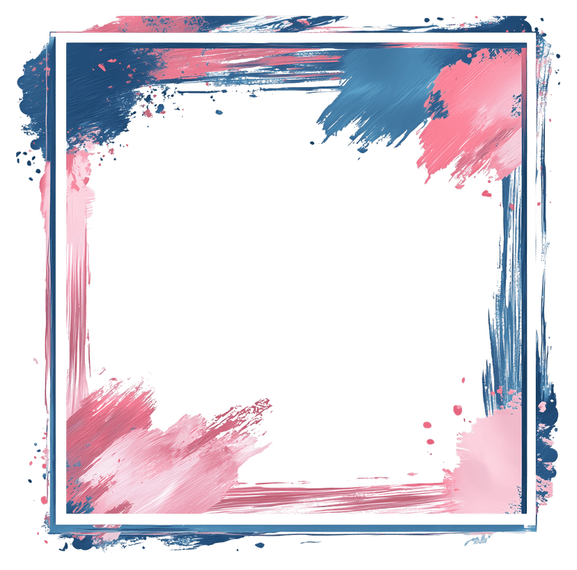 Rectangular paint splatter frame with pink and blue brush strokes on a transparent background for art projects.