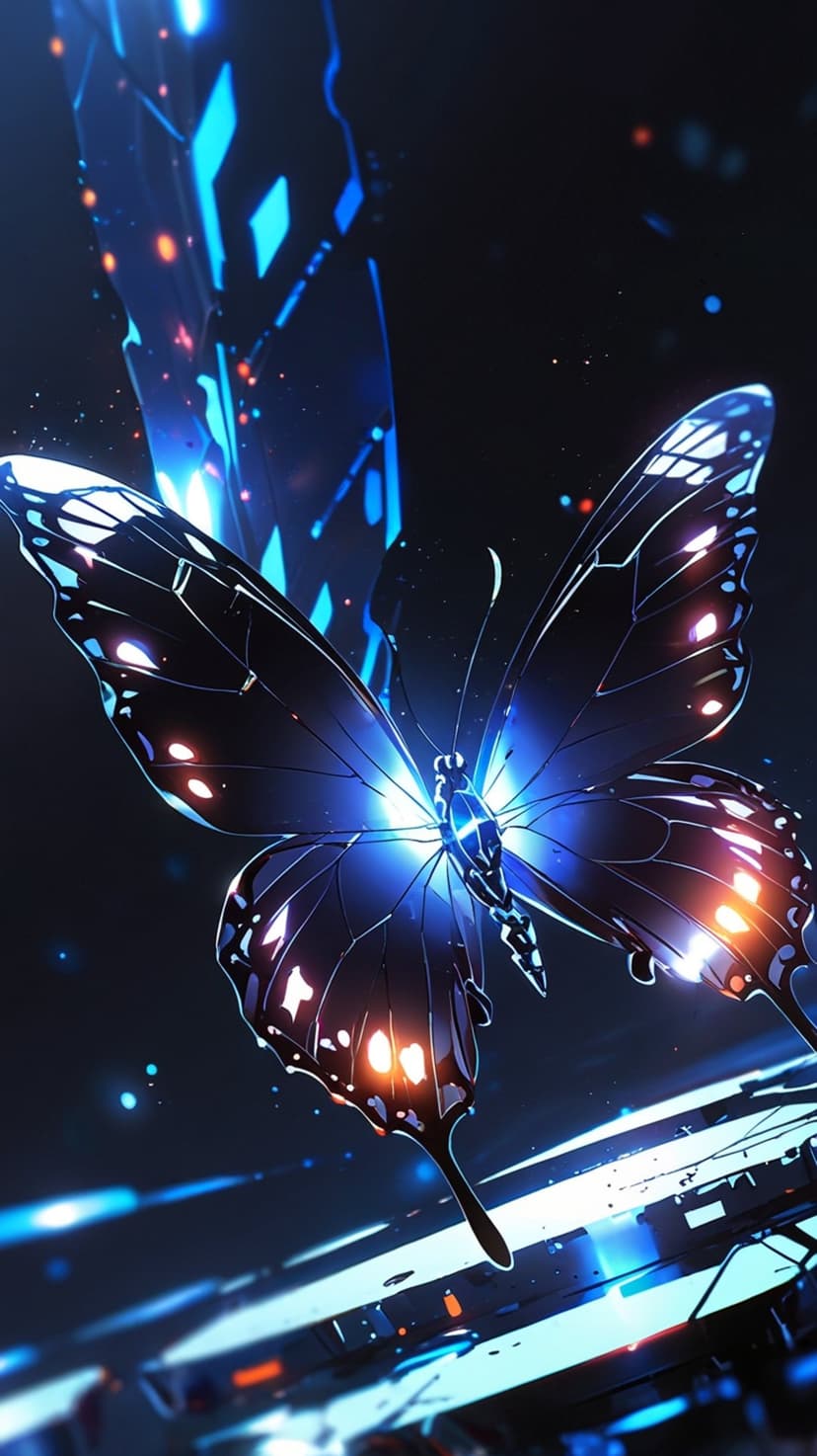 Black butterfly with glowing blue wings hovers amidst orange sparks and cyan geometric shapes on a dark background.