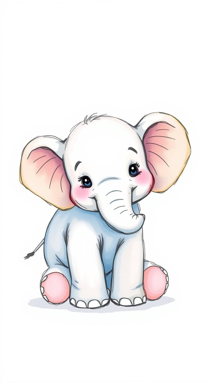 Baby elephant with large pink ears and blue eyes sits with a gentle expression and rosy cheeks on a white background.