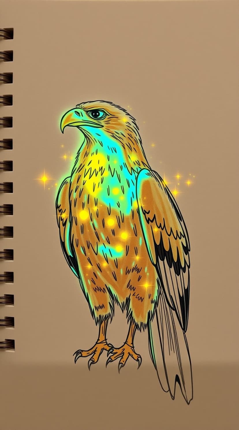Golden eagle with teal tipped feathers and glowing sparks stands on textured brown paper with spiral binding.