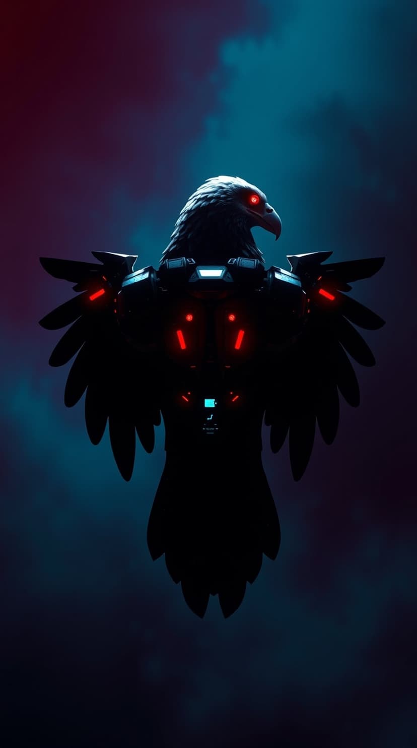 Cybernetic eagle with glowing red eyes and blue neon circuitry armor set against a dark smoky background.