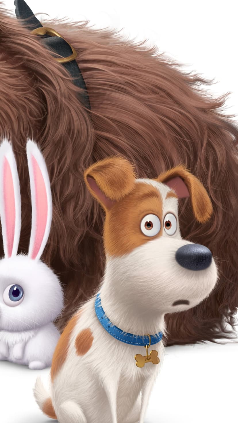 Max the Jack Russell and Snowball the white rabbit look surprised in a Secret Life of Pets 2 phone background.