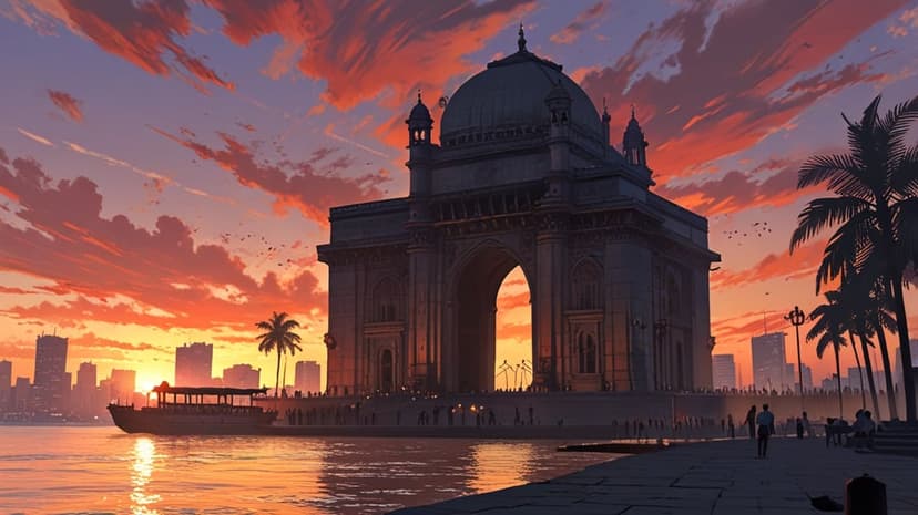 Gateway of India silhouetted against a fiery orange sky with palm trees and a boat on the Arabian Sea.