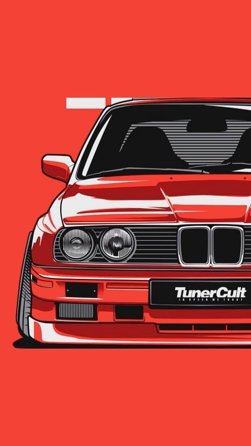 Red BMW E30 M3 featuring iconic boxy fenders and circular headlights against a solid vibrant crimson backdrop.