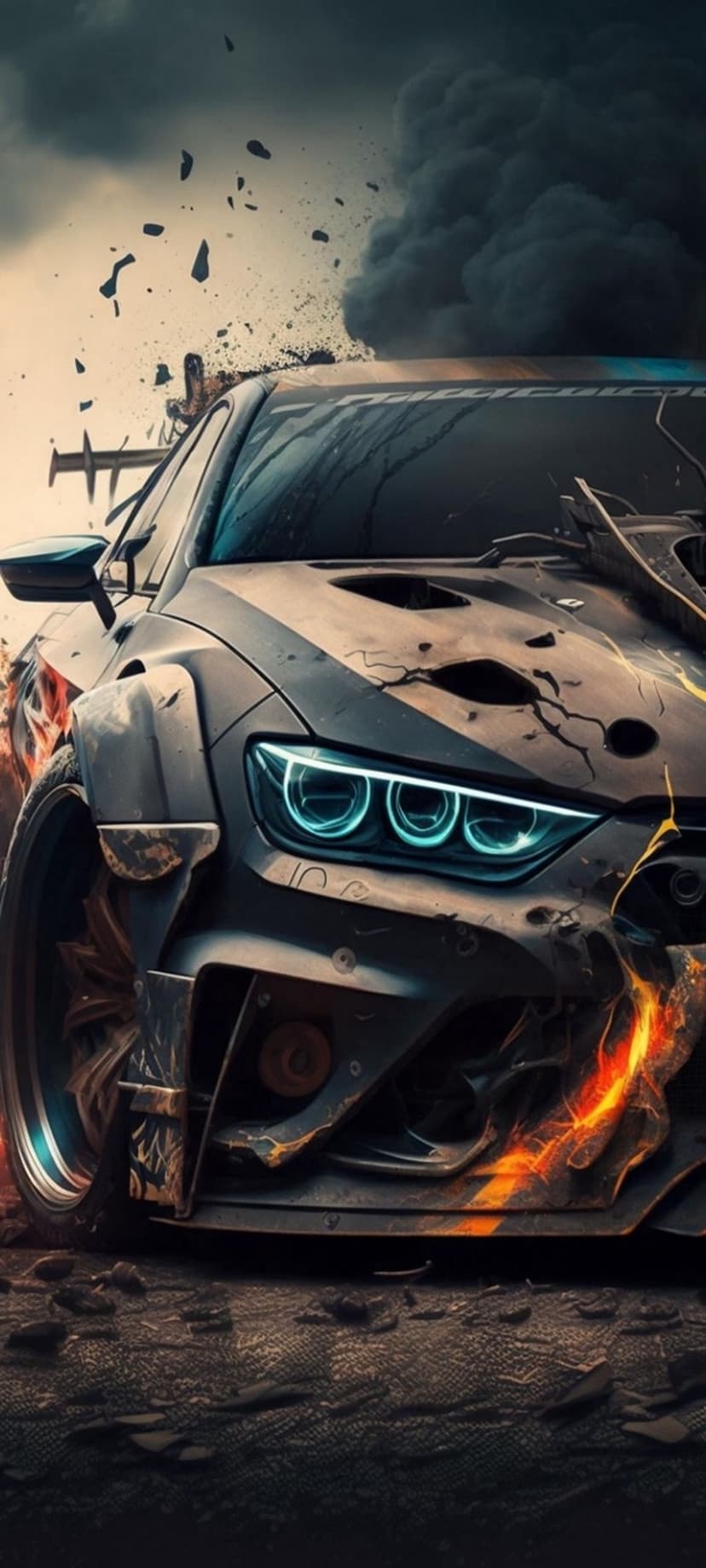 Wrecked futuristic car with glowing blue headlights and a cracked hood surrounded by thick dark smoke and fire.