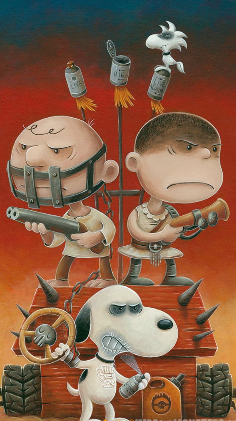 Charlie Brown and Lucy as wasteland warriors stand beside a spiked doghouse vehicle in a desert setting.