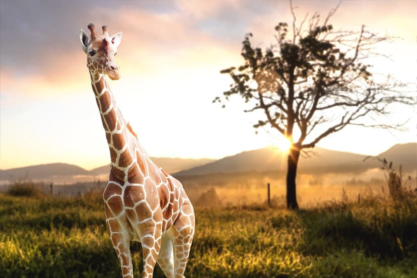 Giraffe stands tall in the African savanna with an acacia tree silhouette during a glowing golden hour sunrise.