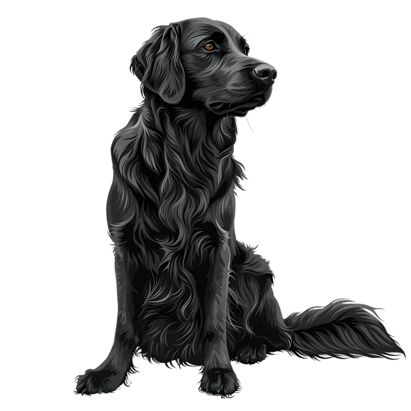 Black Flat-Coated Retriever dog sits gracefully showing detailed wavy fur texture and intelligent amber eyes.