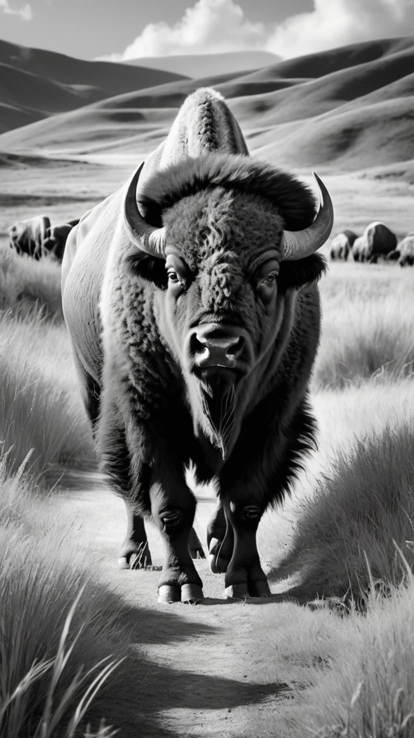 Bison with curved horns and shaggy fur stands on a dirt trail amidst tall grass and rolling hills in monochrome.