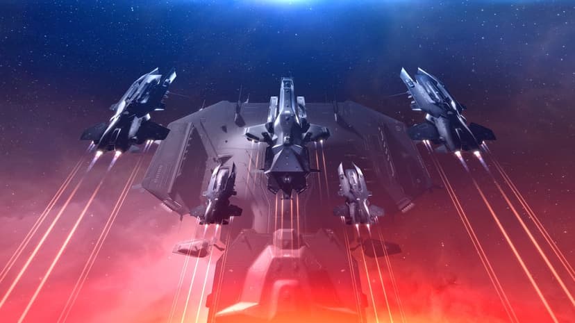Five sleek black spaceships fly in formation over a glowing red nebula with bright orange engine trails.
