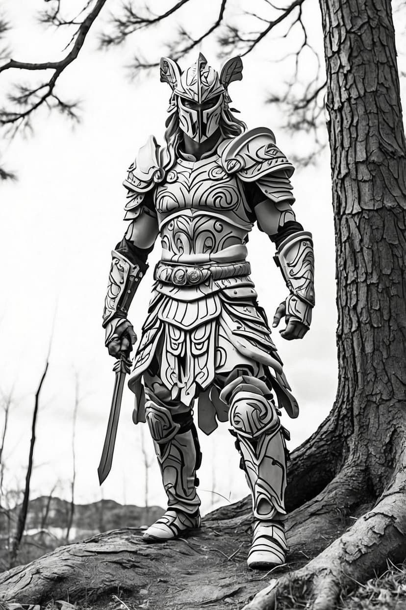 Warrior in engraved plate armor grips a sword while standing against a thick tree trunk in a misty forest.