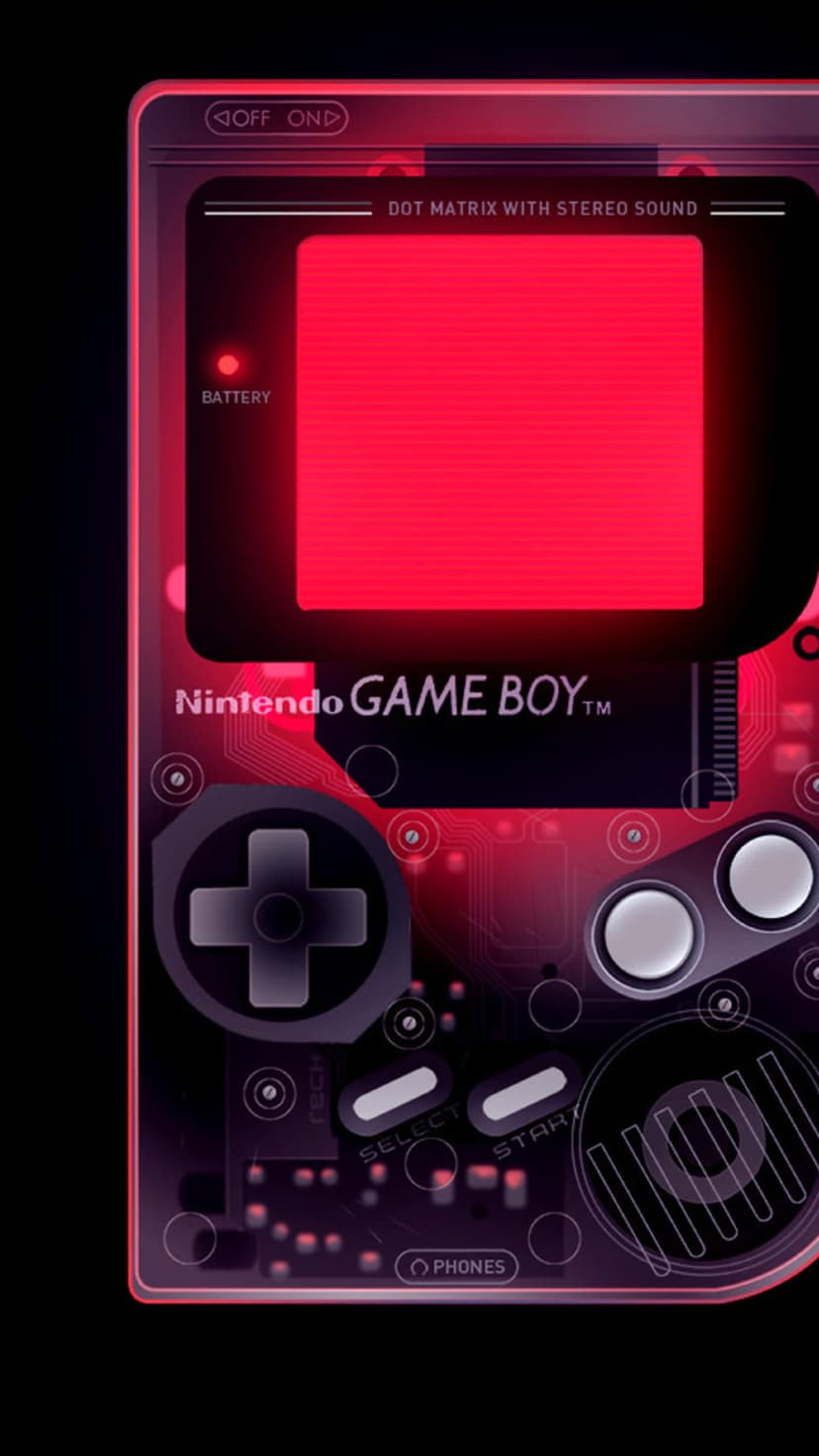 Red handheld console featuring internal circuits, a glowing screen, and tactile buttons in a vertical view.